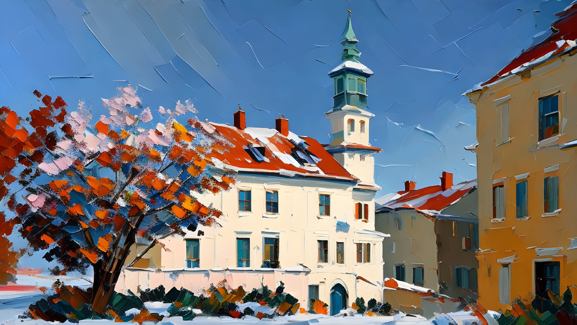 Snow-covered town painting with white clock tower and falling snow under blue sky