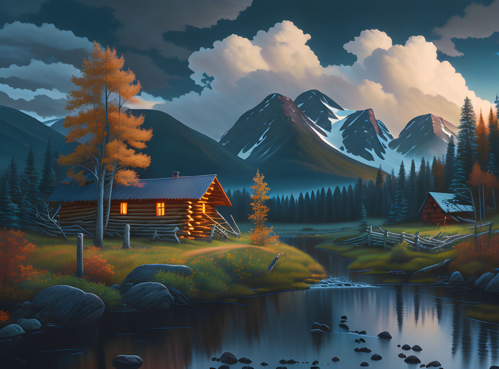 Autumn lakeside cabin with mountain backdrop at dusk