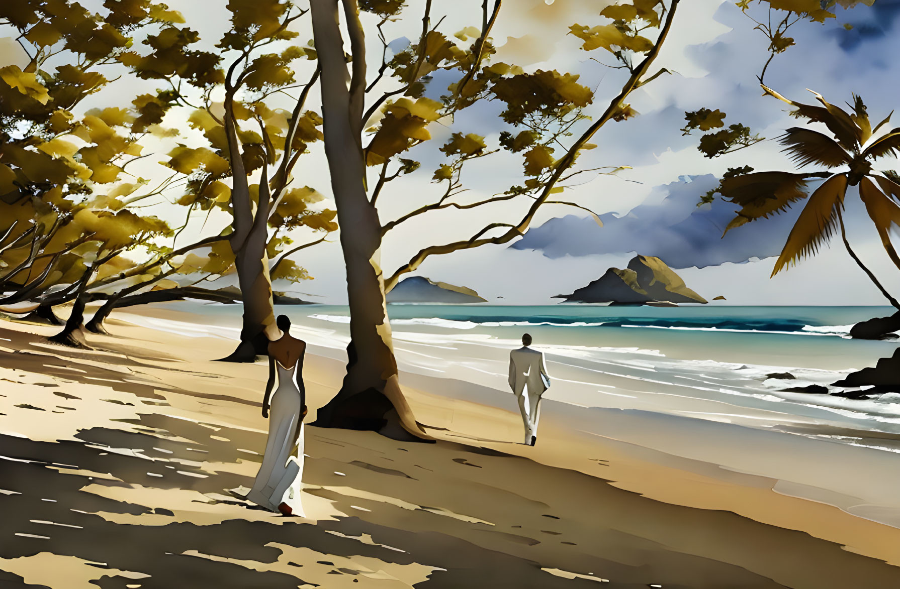 Stylized figures walking on beach at sunrise or sunset