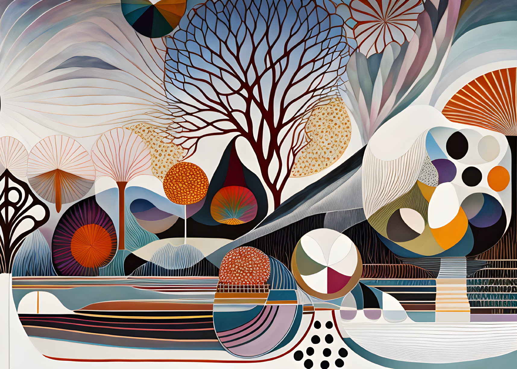 Vibrant abstract art: geometric and organic shapes, circles, lines, tree-like forms.