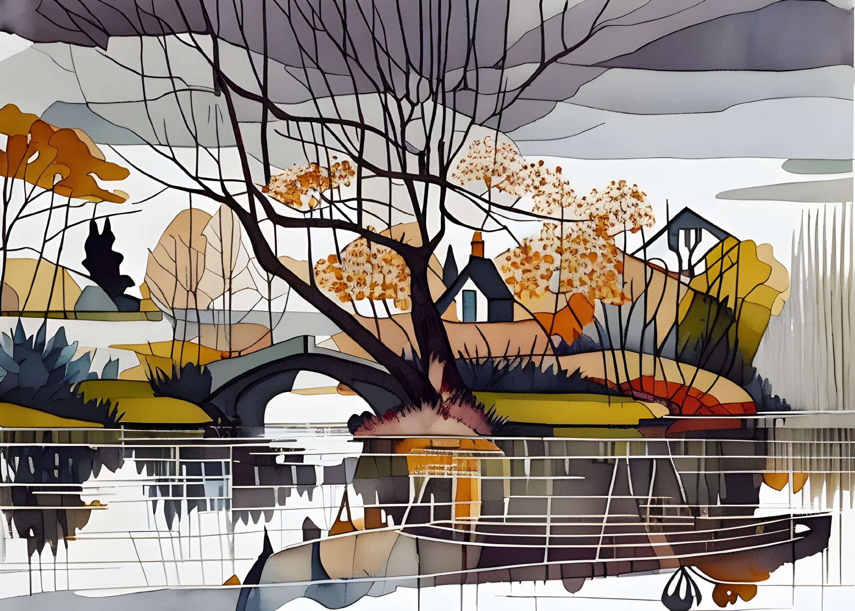 Serene landscape with bare trees, bridge, house, and water reflections