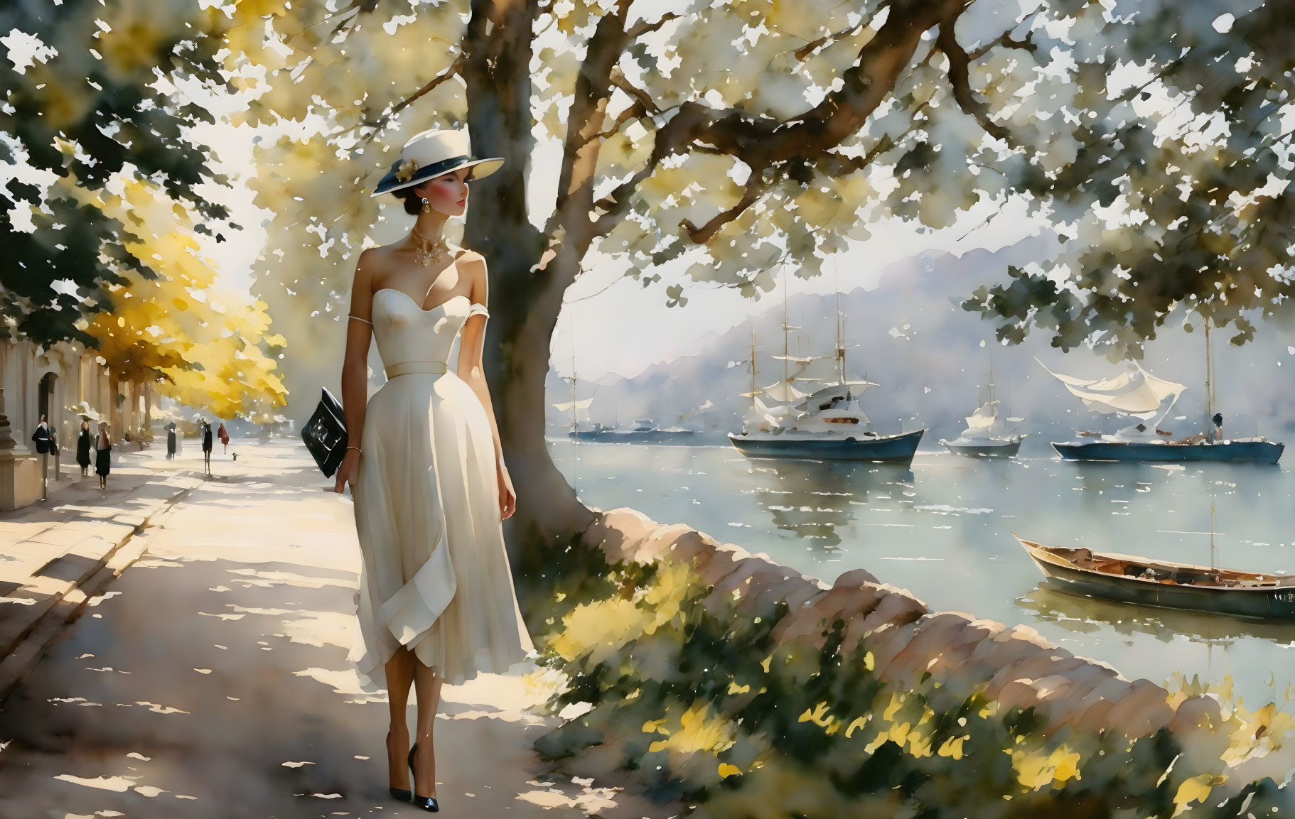 Stylish woman in white dress and hat by sunny waterfront boats and trees