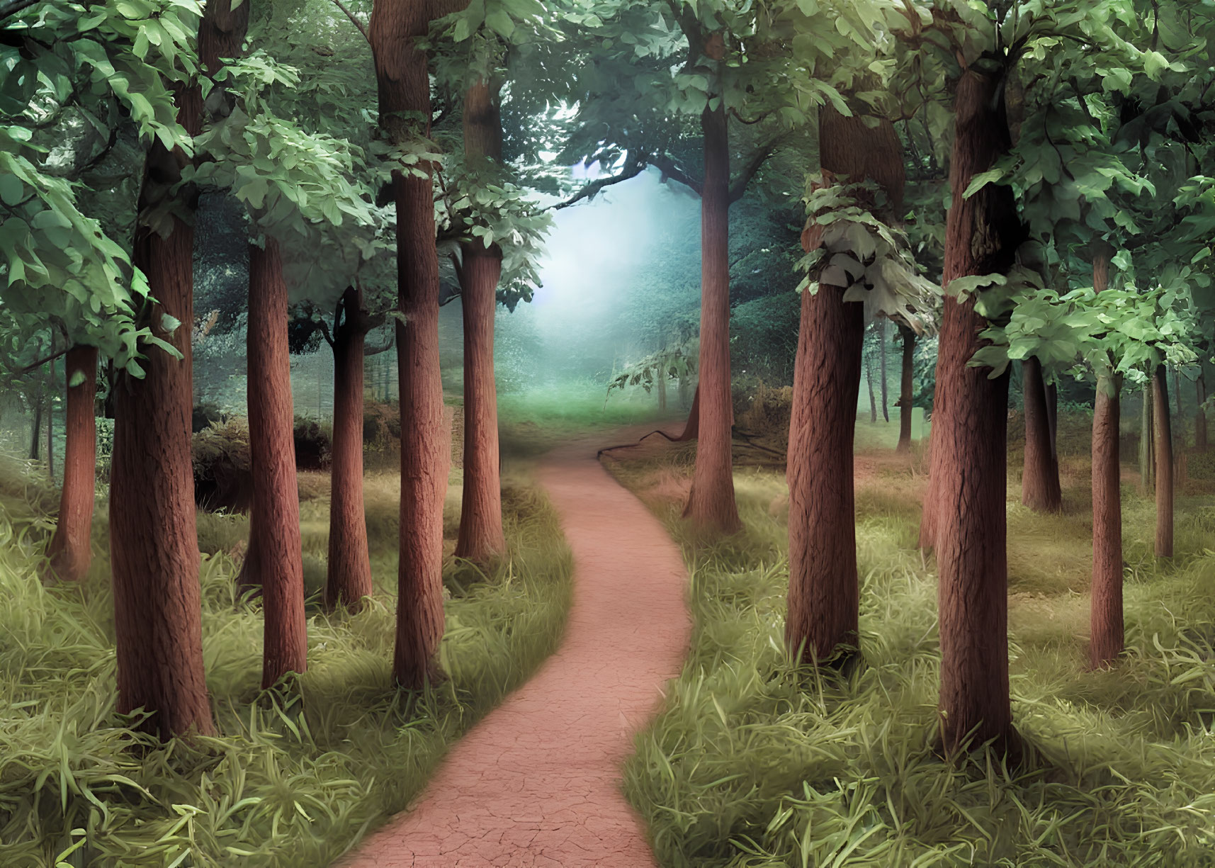 Tranquil misty forest with narrow winding dirt path