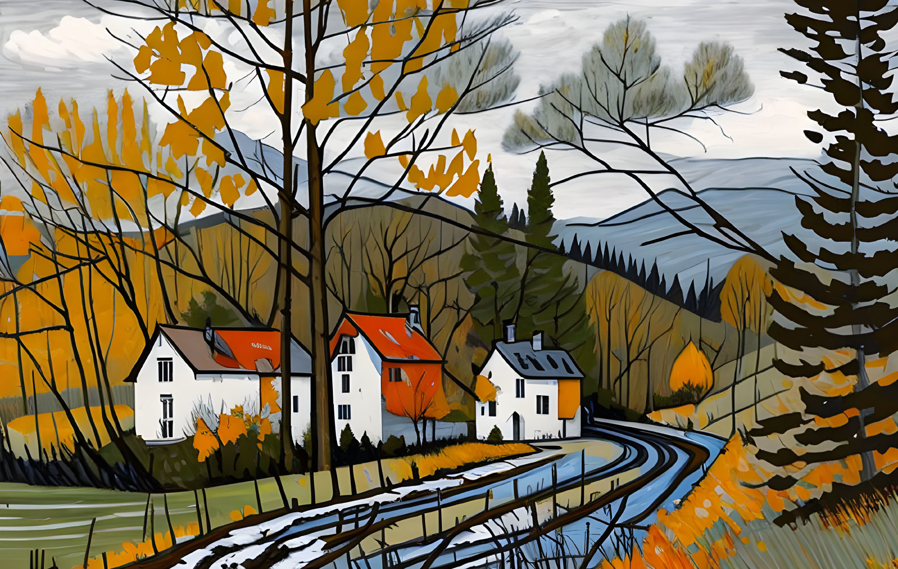 Rural autumn scene with colorful trees, white houses, red roofs, and railway under cloudy sky