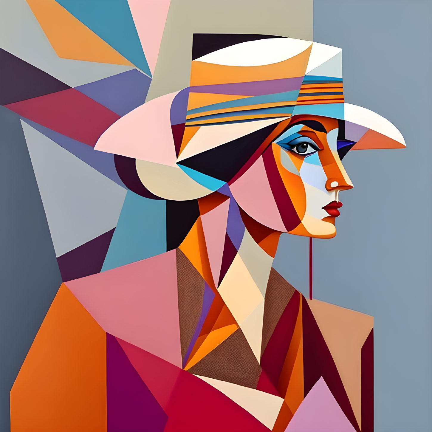 Colorful Cubist Portrait of Woman with Geometric Shapes