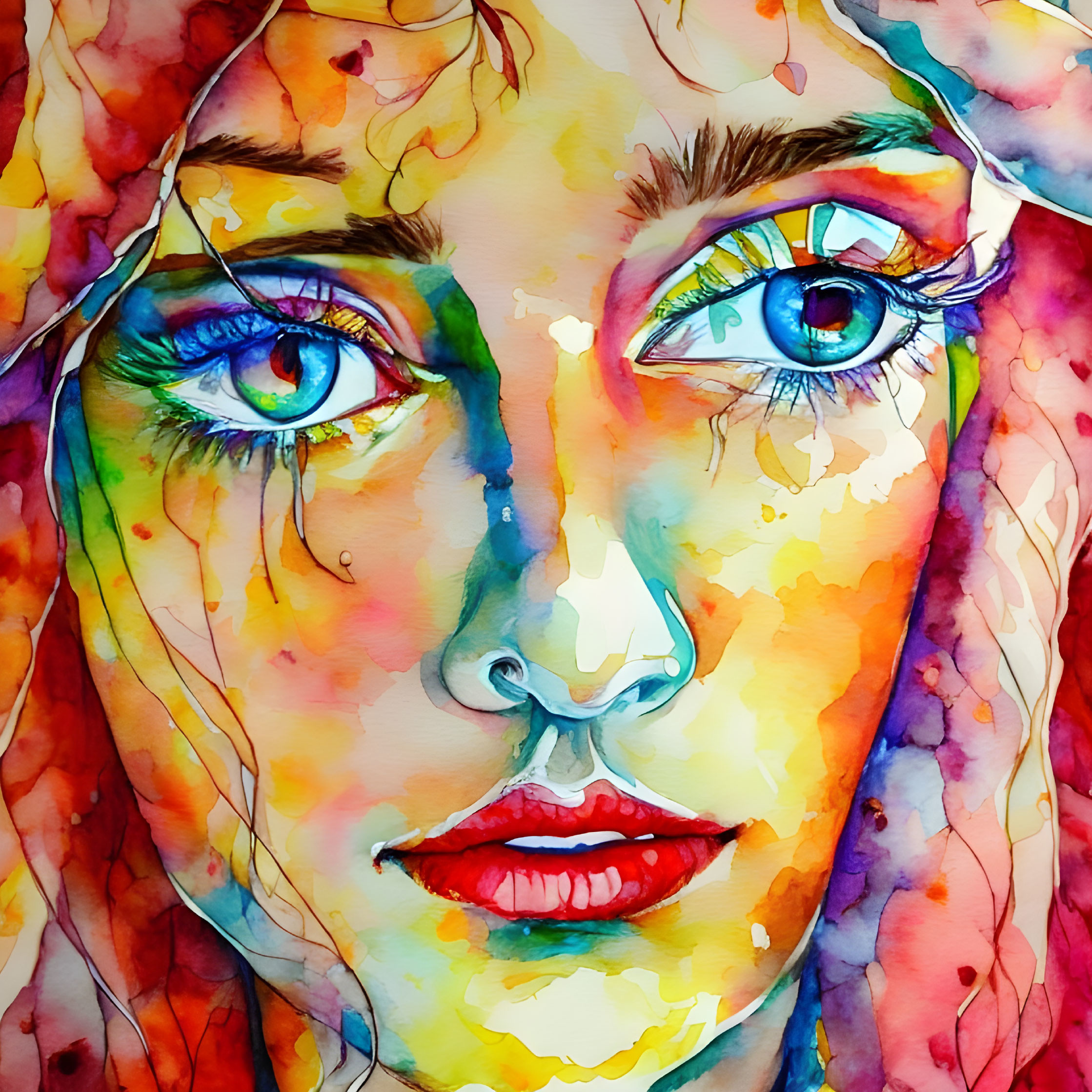 Colorful watercolor painting of a woman's face with expressive eyes