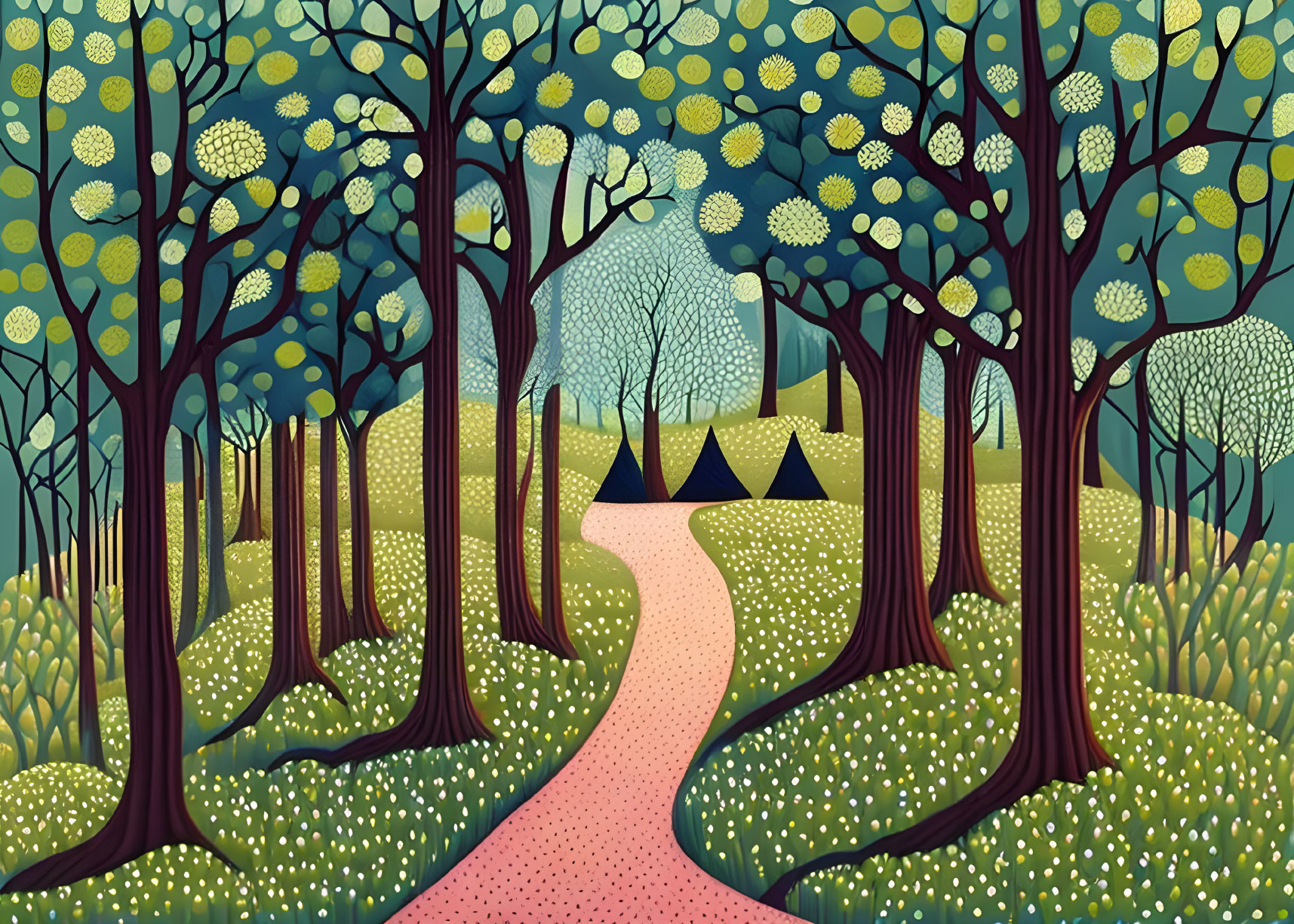 Whimsical forest illustration with winding path and patterned foliage