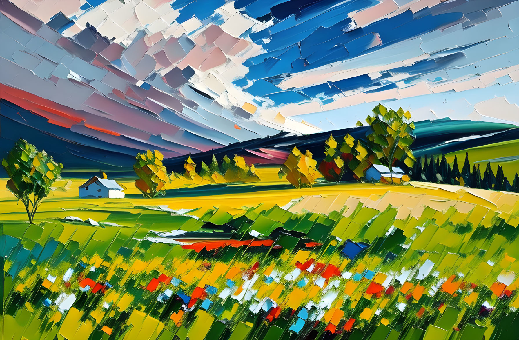 Vibrant expressionistic painting of rural landscape with dynamic brushstrokes