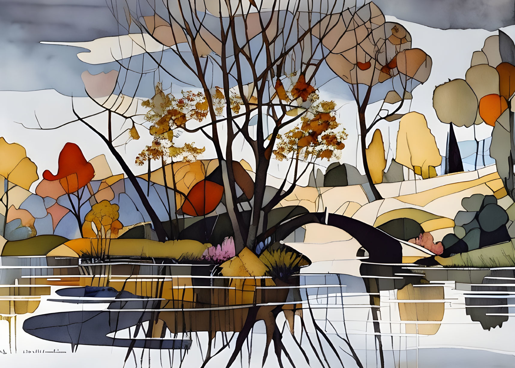 Abstract Autumn Landscape with Reflective Water in Warm and Cool Hues