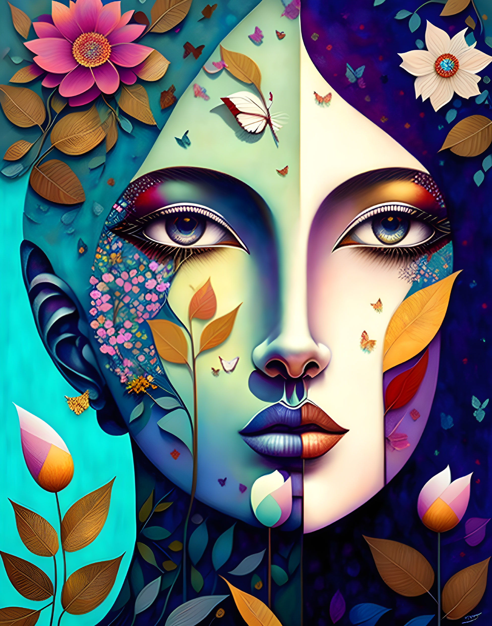 Vibrant artwork: Woman's face blending with nature, flowers, leaves, and butterflies.