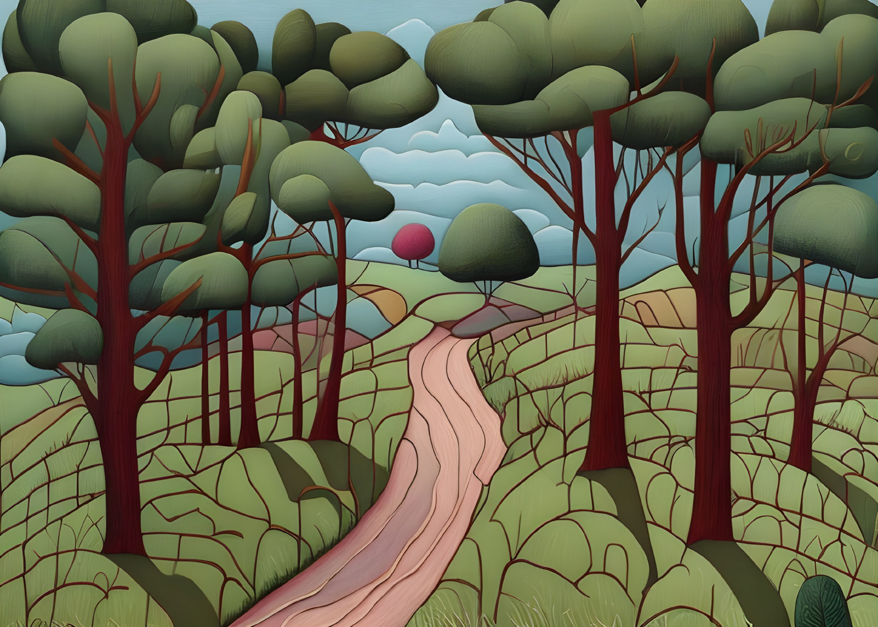 Illustration of winding forest path with rounded trees and rolling hills