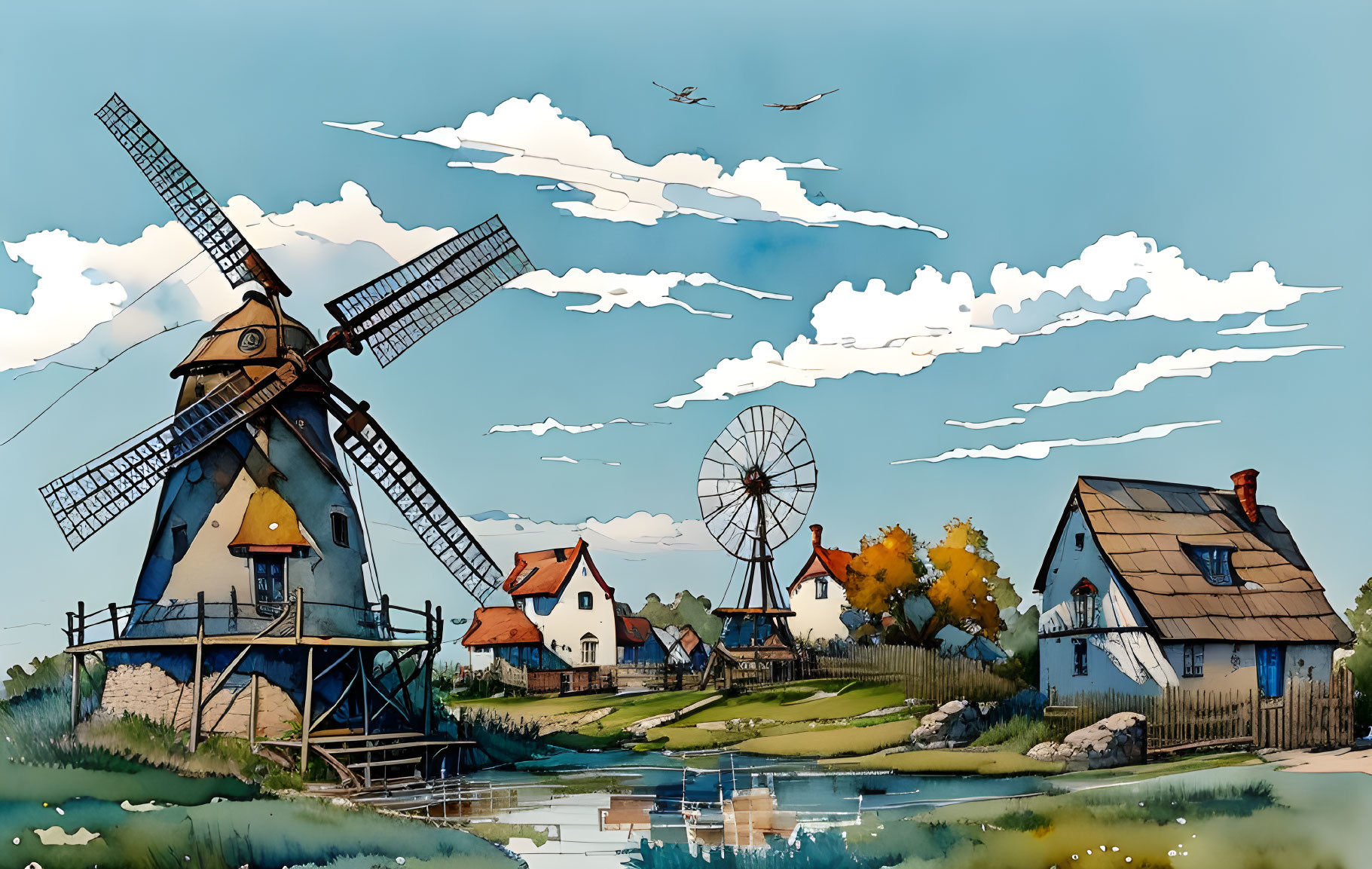 Rural landscape with windmills, houses, waterwheel, and birds in the sky