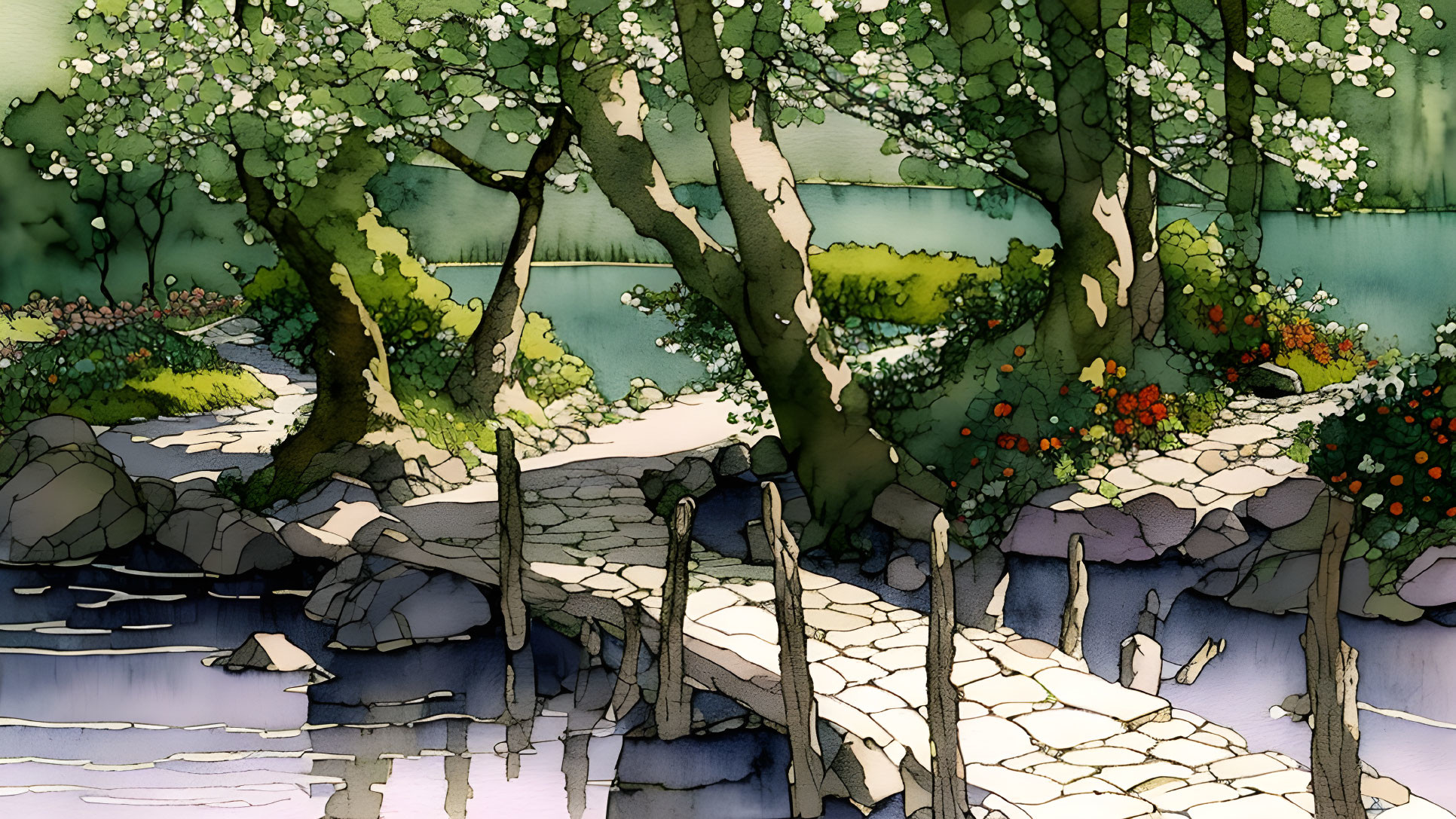 Tranquil hand-drawn stone bridge over calm river surrounded by blooming trees and colorful flowers