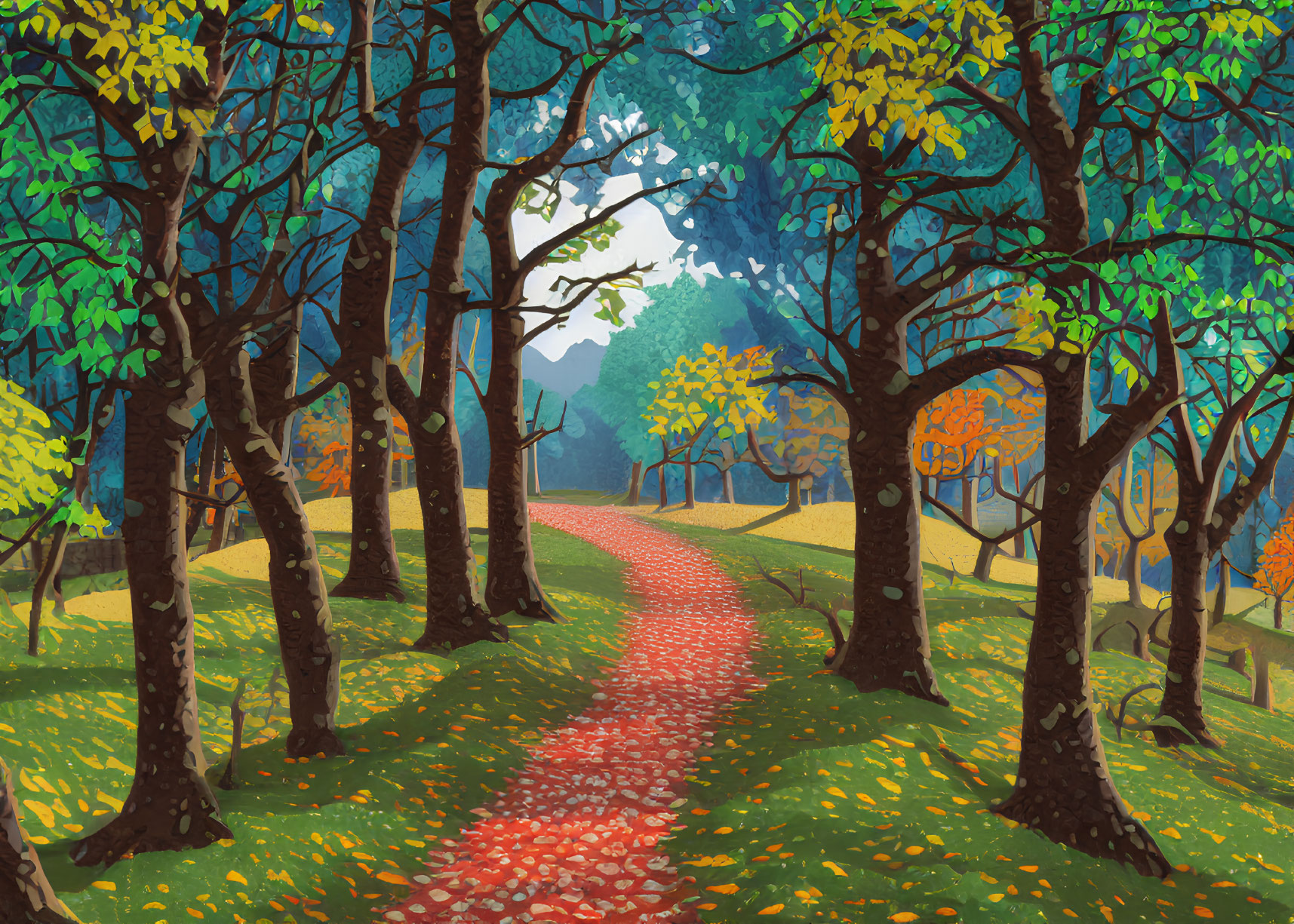 Red Path Through Colorful Autumn Forest with Green, Yellow, and Orange Trees