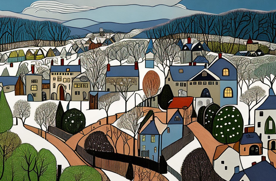 Winter Village Painting with Snow, Trees, and Colorful Houses