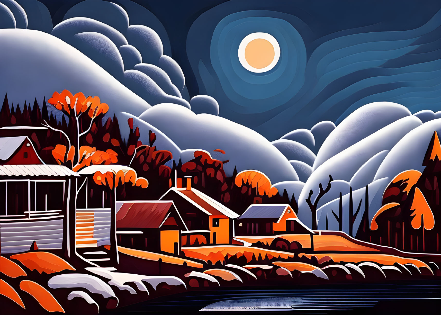 Vibrant full moon rural night scene with houses, orange trees, pond, and rolling clouds
