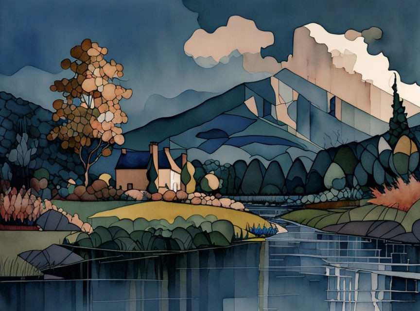 Stylized landscape painting with cottage, bridge, river, mountains, and cloudy sky