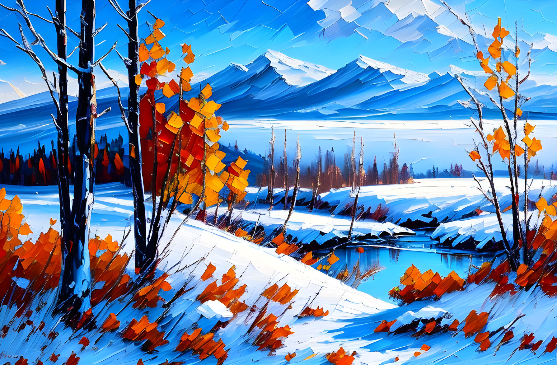 Colorful autumn leaves against snowy landscape, meandering river, distant blue mountains.