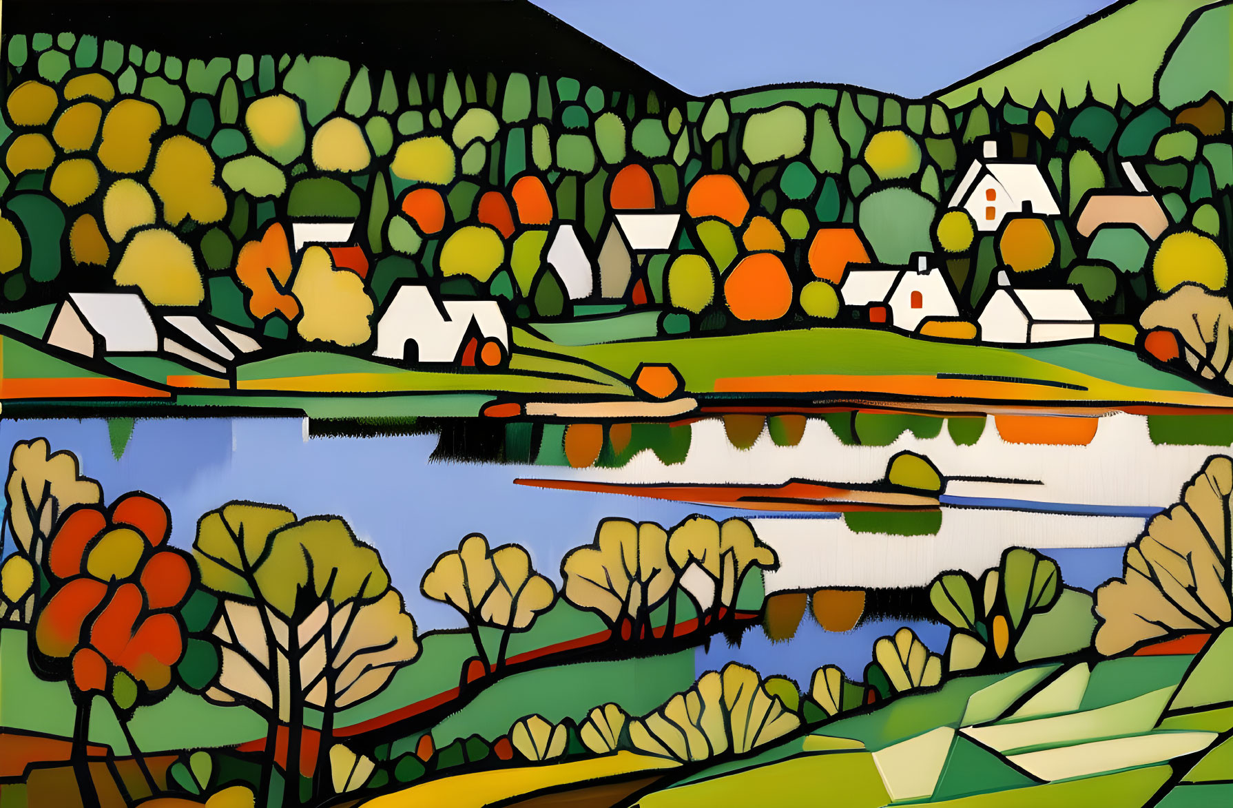 Vibrant landscape painting with river, trees, houses, and mountains