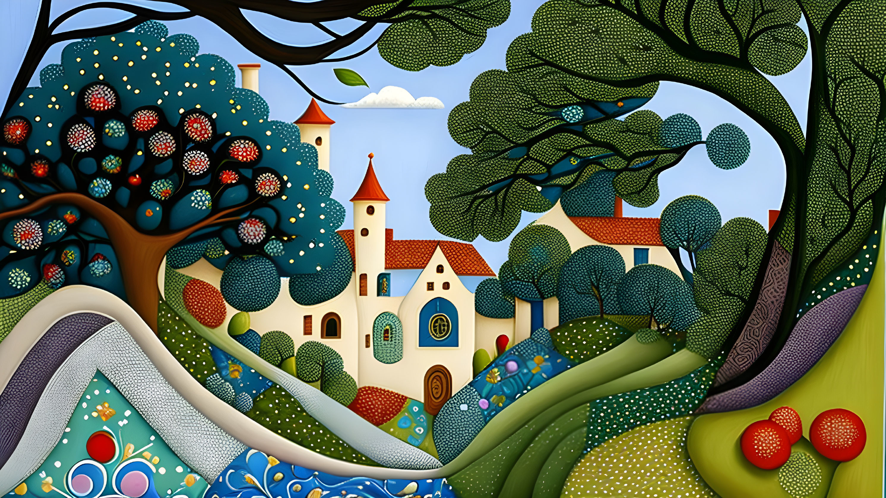 Colorful whimsical landscape with exaggerated trees, patterned hills, and fairytale castle