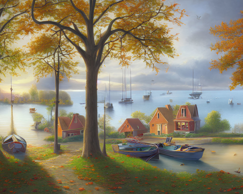 Autumn harbor scene with boats, fall foliage, waterside houses, warm sunlight, and misty