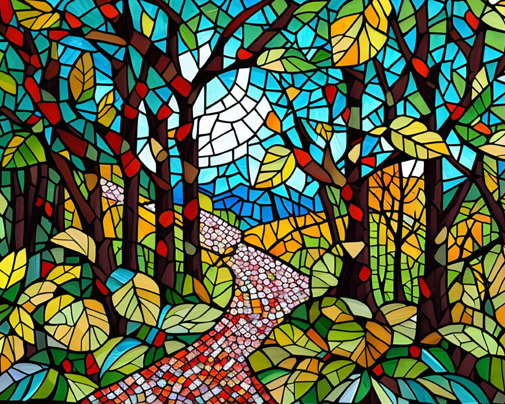 Colorful Stained Glass Forest Scene with Winding Path