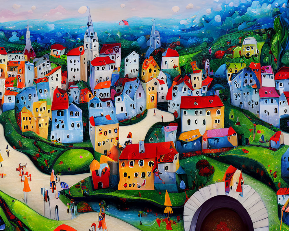 Vibrant village painting with stylized houses and miniature figures