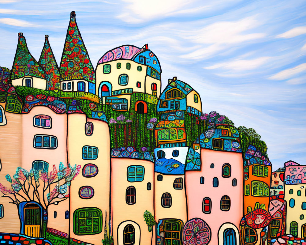 Whimsical illustration of colorful village with patterned buildings