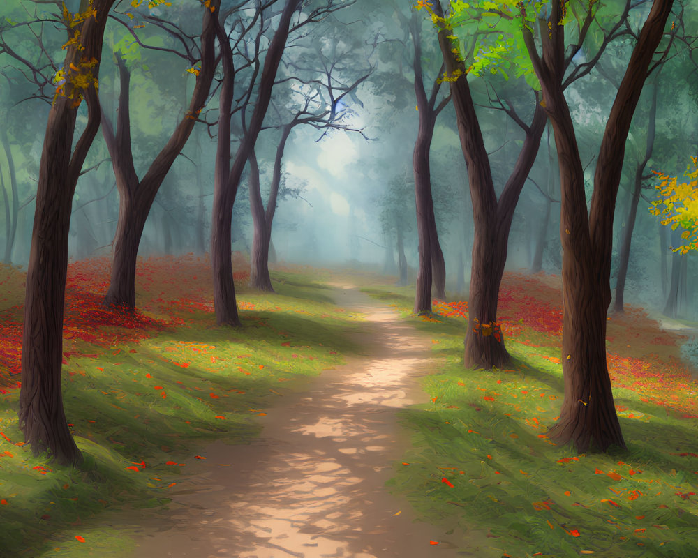 Misty forest path with towering trees and red fallen leaves