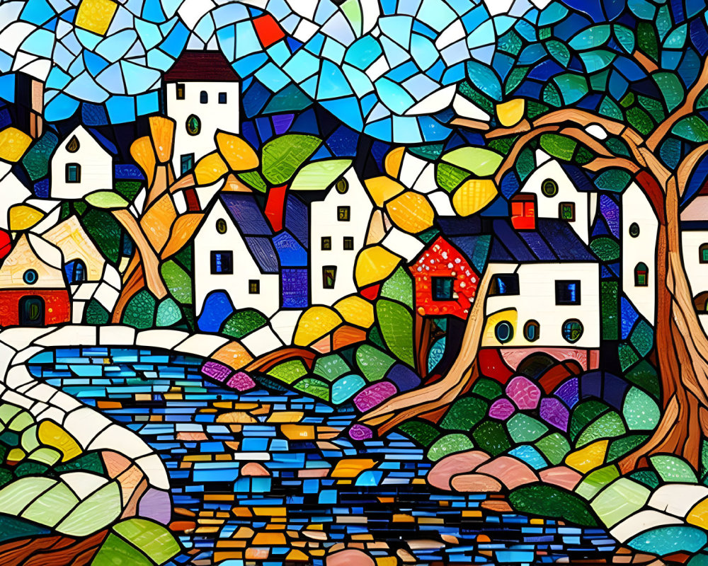 Vibrant mosaic of whimsical village with houses, trees, and river