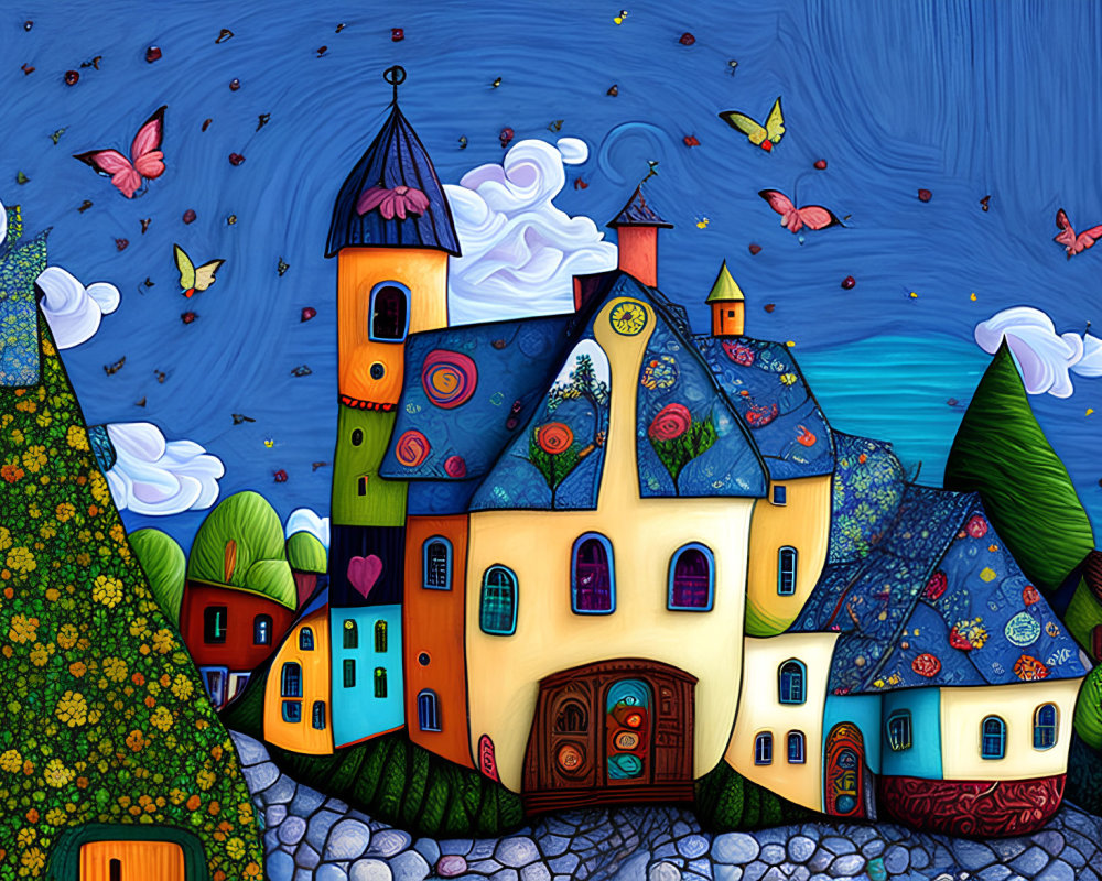 Colorful Fairytale Village Illustration with Patterned Buildings and Flying Butterflies