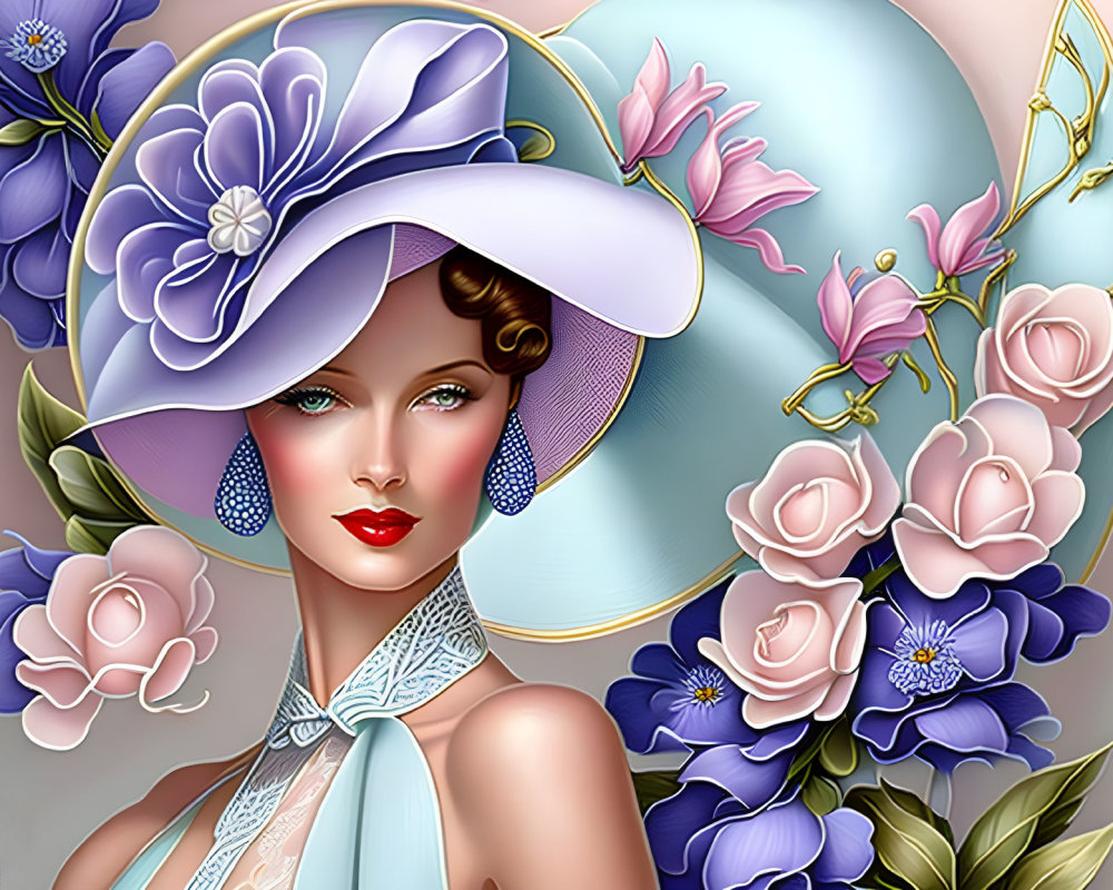 Illustrated portrait of a woman in purple hat with flowers, blue earrings, amidst blossoms