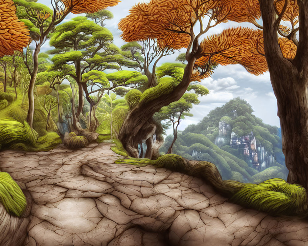 Fantastical forest digital artwork with orange leaves and cracked dirt path