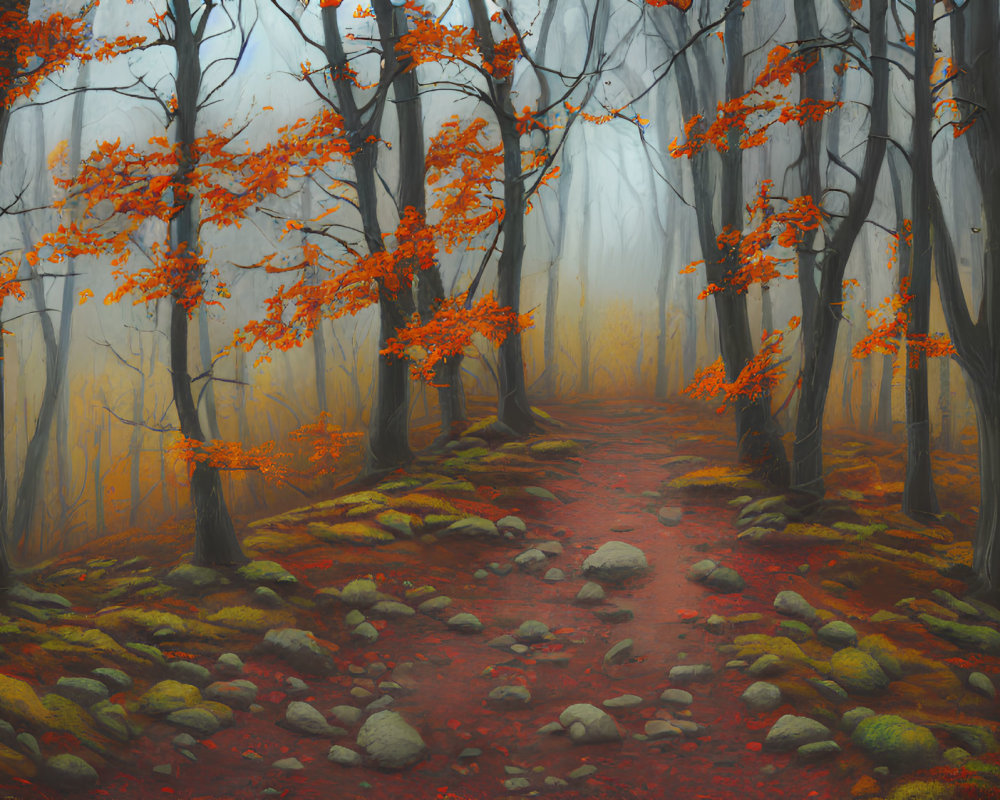 Misty autumn forest with orange-leafed trees and moss-covered path