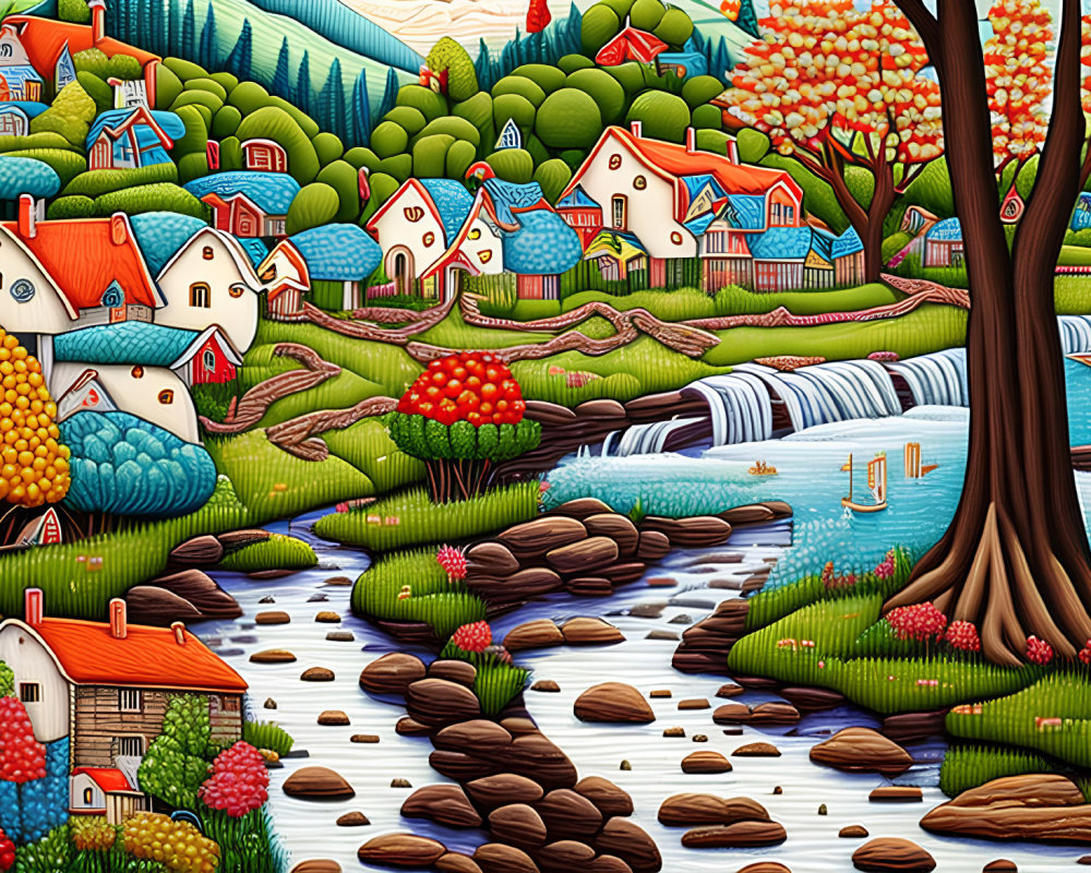 Colorful riverside village illustration with houses, trees, waterfall, and sailboats