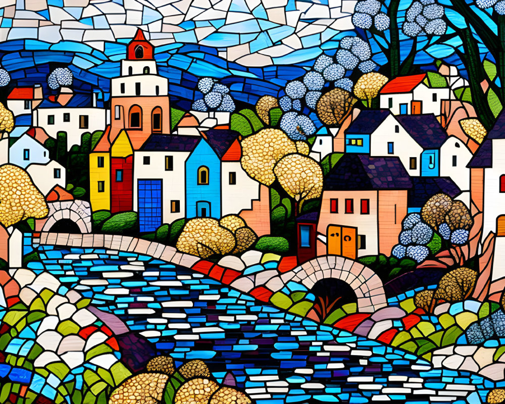 Colorful Stained Glass Illustration of Village with Church, Houses, River, Bridge, Trees,