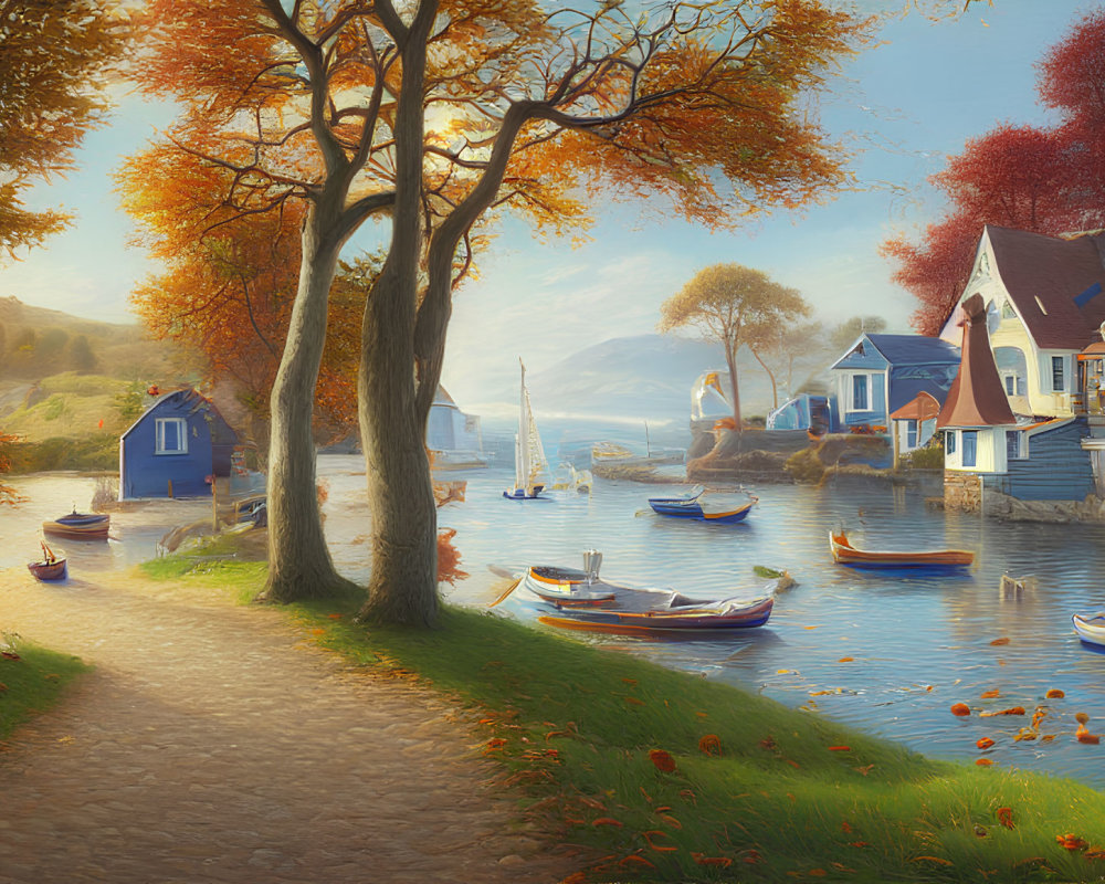 Tranquil village scene: river, boats, autumn trees, picturesque houses