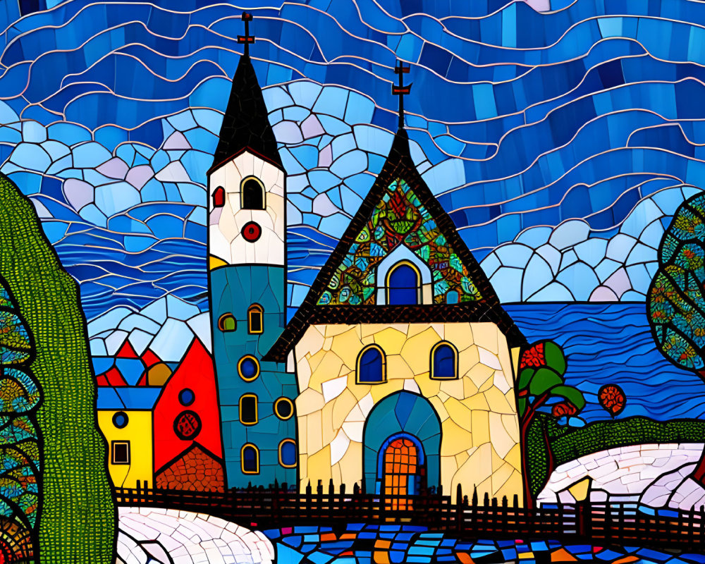 Colorful mosaic village illustration with church, patterned trees, houses, and vibrant sky.