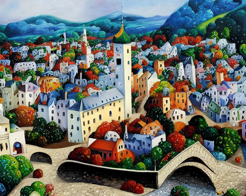 Colorful painting of whimsical town with arching bridges and rolling hills