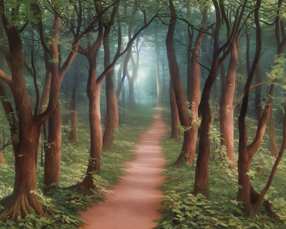 Misty forest path with tall trees and glowing foliage