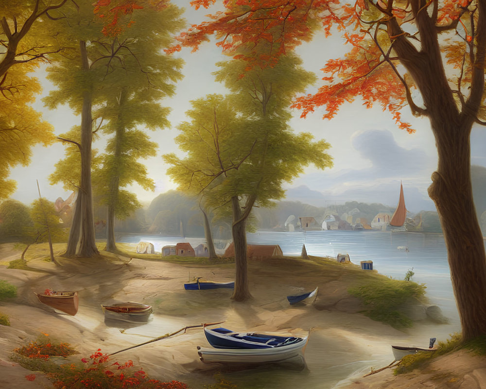 Tranquil autumn lake scene with boats, fall trees, village, and sailboats.