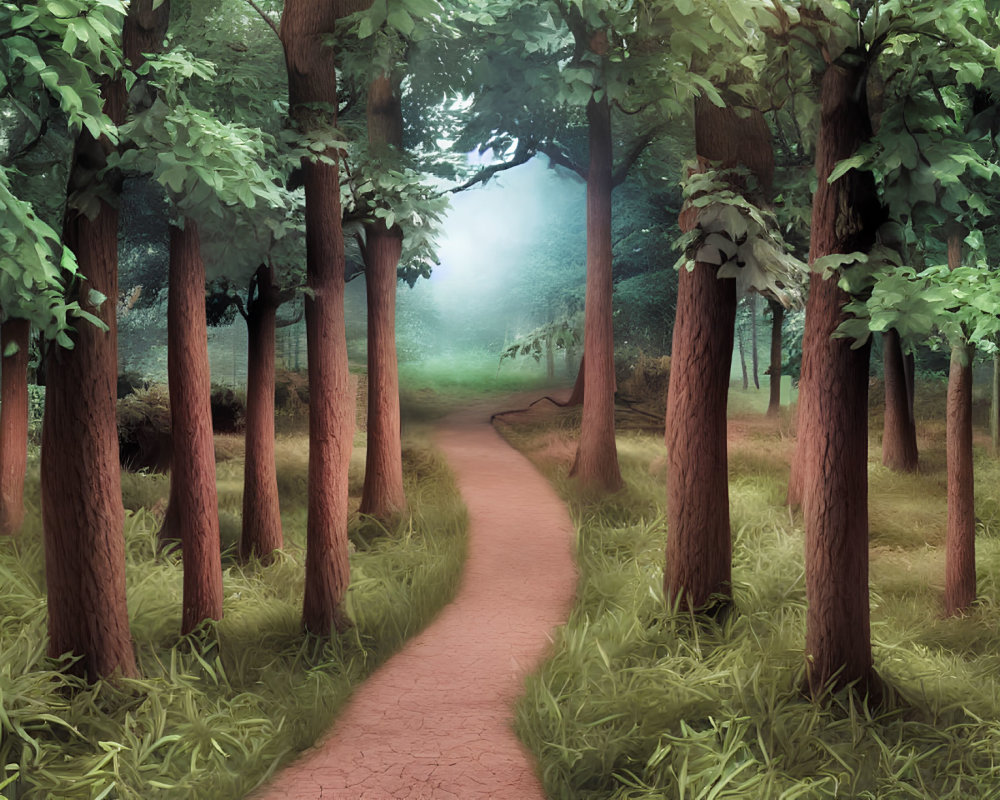 Tranquil misty forest with narrow winding dirt path