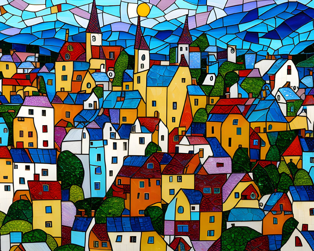 Vibrant Artwork of Colorful Village with Unique Houses