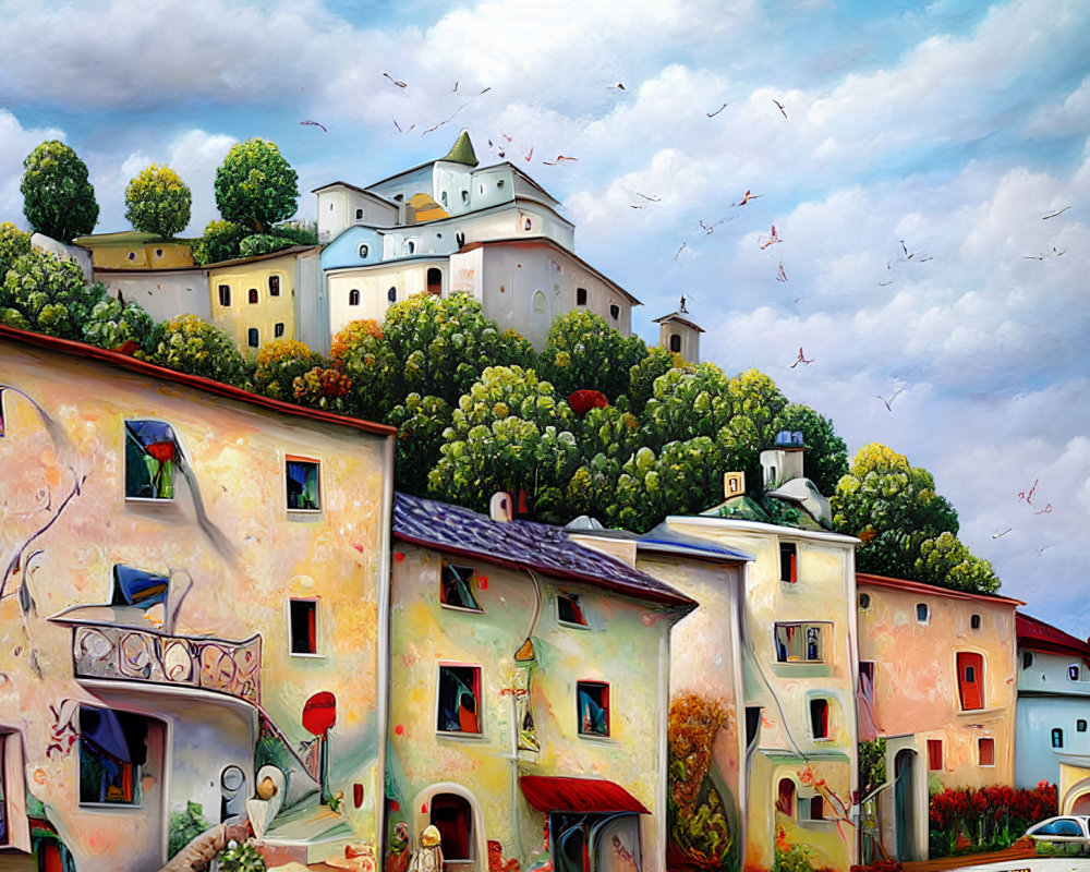 Colorful hilltop village painting with birds and castle under cloudy sky