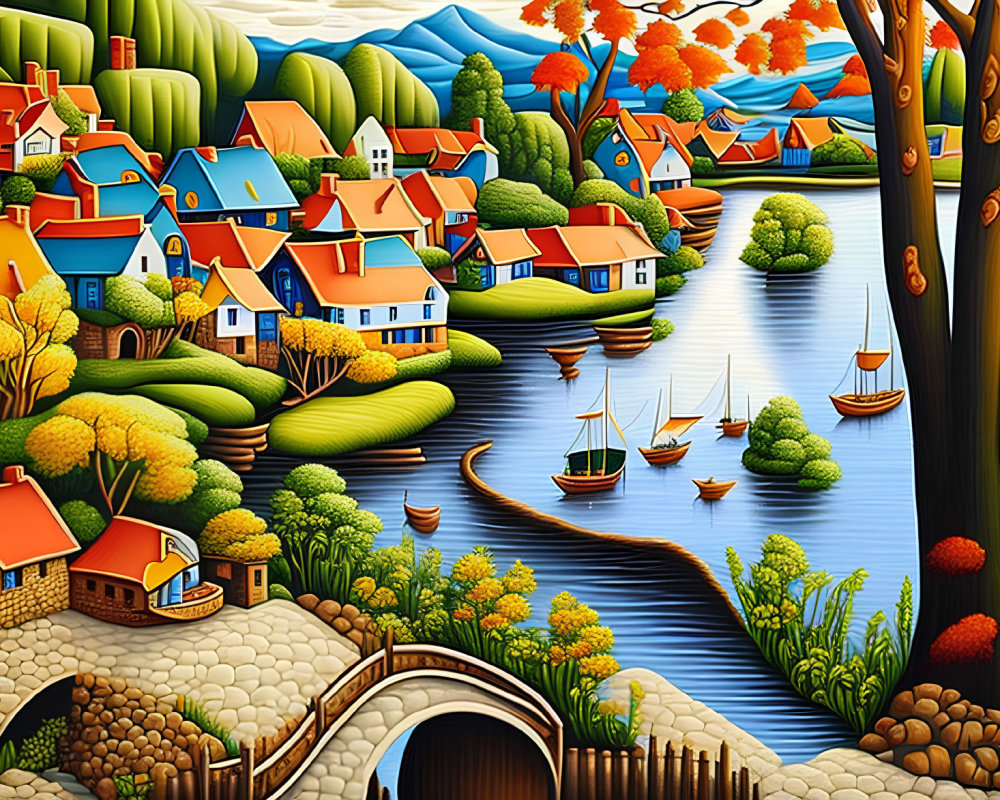 Colorful Artwork of Whimsical Village with River and Stone Bridge