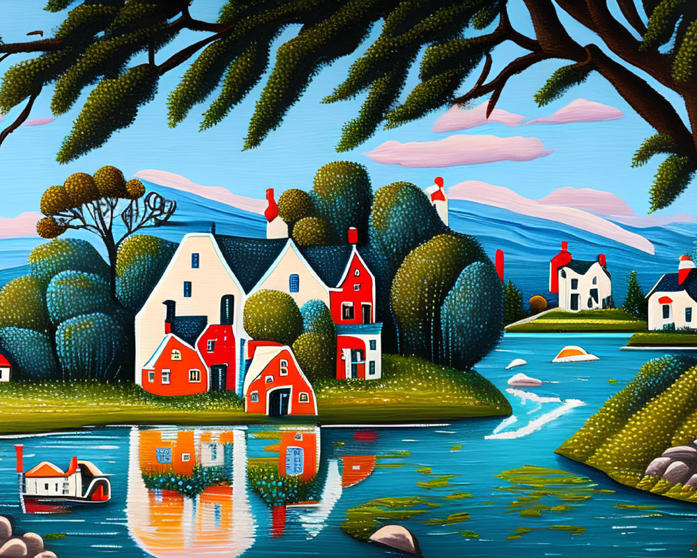 Vibrant lakeside village illustration with whimsical houses and lush greenery