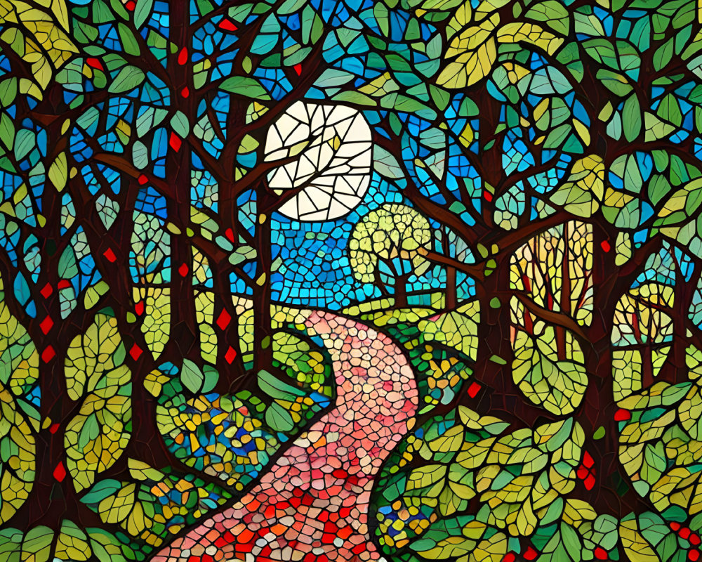 Colorful Forest Path Illustration in Stained Glass Style