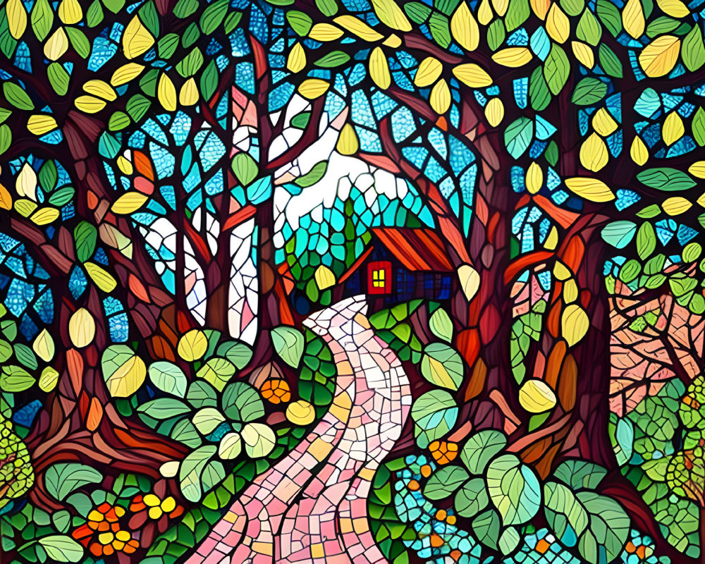 Colorful Stained Glass Style Forest Illustration with Cozy House