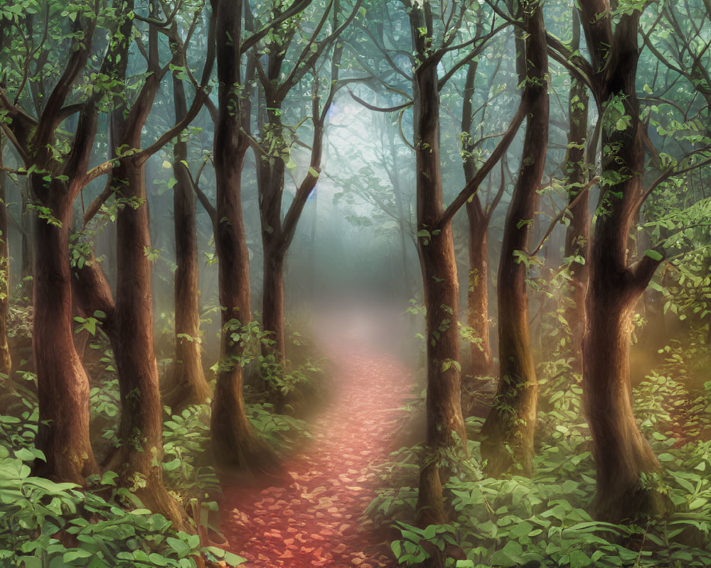 Misty forest path with sunlight filtering through canopy