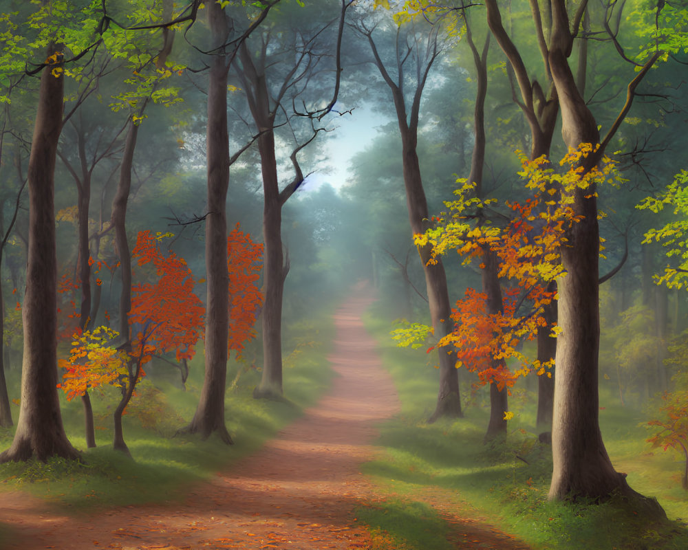 Tranquil Forest Path with Green and Autumn Leaves in Soft Morning Light